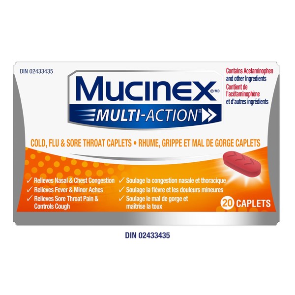 Mucinex Multi-Action Cold, Flu & Sore Throat Caplets, 20 count
