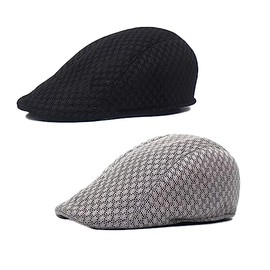 Lopsity 2PCS Men Mesh Flat Cap Breathable Summer Newsboy Hat Beret Hat Adjustable Newsboy Beret Cap Cabbie Flat Cap (Black+Grey)