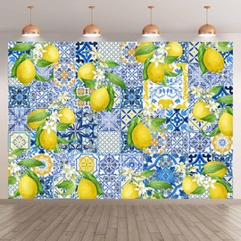 ZTHMOE Fabric 7x5ft Blue Tiles Lemon Floral Photography Backdrop Summer Fruit Picnic Background Baby Shower Party Decorations Dessert Photo Booth Banner
