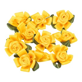 PATIKIL Mini Satin Ribbon Roses, 10 Pcs Small Rosettes Fabric Flowers with Green Leaves for Craft Projects Embellishments Applique, Yellow