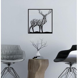 20x20inch Metal Wall Art Decor Framed Stag Black, Hanging Tree of Life Wall Sculpture for Dinning Living Room Bedroom Farmhouse