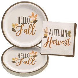 HOME & HOOPLA Golden Autumn Hello Fall Round Paper Dessert Plates and Autumn Harvest Beverage Napkins (16 Plates & Napkins)