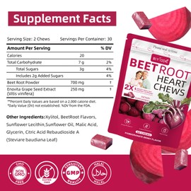 Beet Root Chews for Circulation & Heart Support – 700mg Beet Root + 250mg Grape Seed Extract – Nitric Oxide Booster for Energy & Vitality – Pomegranate Flavor, Low Sugar, Non-GMO, 60 Soft Chews