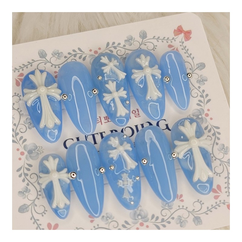 Blue Serenity Cross Handmade Nail Tips - Square M /