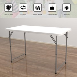 HUZJIEHUI 48" W x 24" D x 29.5" H - 4FT Adjustable Height Heavy Duty Plastic Fold-in-Half Foldable Table，White Portable Folding Table with Carrying Handle for Camping & Party