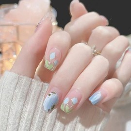 [Overseas] Gel Nail Sticker Wearable Nail Sticker Spring and Summer Fresh Tulip Flower Nail Patch Short Wearable Four Free Size/ Tulip Flower A732 20ea