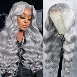 Pelucas de encaje frontal de 13 x 6, cabello humano gris, prediseñado con cabello de bebé, densidad de 180, sin pegamento, HD, transparente, encaje fr