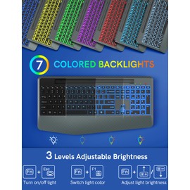 Wireless Keyboard with 7 Colored Backlit, Wrist Rest, Phone Holder, Rechargeable Ergonomic Computer Keyboard with Silent Key, Full Size Lighted Keyboard for Windows, MacBook, PC, Laptop (Gray)
