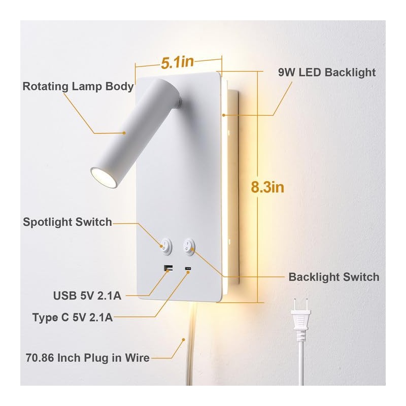 MOLUOLA LED Wall Lamp Wall Mounted Reading Lights, Adjustable Headboard