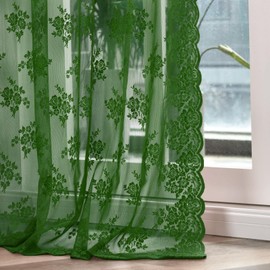 Dark Olive Green Sheer Curtains 90 Inches Long 2 Panels Set Country Floral Rustic Vintage Emerald Green Lace Curtains for Living Room Bedroom, Rod Pocket Privacy Forest Green Drapes, Each 52 x 90 Inch