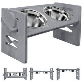 YIFAN Elevated Dog Bowls, Adjustable Raised Dog Food Bowl Stand, 2 Stainless Steel Bowls and Non-Slip Feet, Sturdy Bamboo Feeder for Small Dogs and Cats,Grey