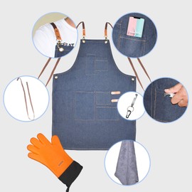 Megawodar Grilling Apron Set Include 1 BBQ Glove,1 Bottle Opener,1 Towel and 1 Demin Apron for Chef Kitchen BBQ Grill, Nice Fathers Day or Dad Birthdays Gifts