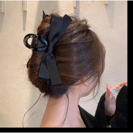 MUJU Satin Bow Hair Clip, Black, Elegant Design (2pack/Shiny Handle)