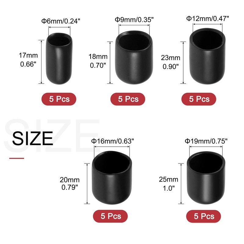 sourcing map 25pcs Round Rubber End Caps 6mm 9mm 12mm