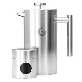 Coffee Gator French Press Coffee Maker 34oz, Double Insulated Stainless Steel Brewer plus Travel Jar Canister, Portable Hot Cold Brew for Coffee Bar Accessories Kitchen Camping, Silver