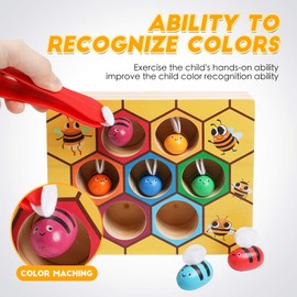 Kizh Fine Motor Toys, Clamp Bee to Hive Matching Game Toddler Learning Toys Montessori Wooden Lovely Bee Hive Toys Color Sorting for Baby Early Educational Game Toy for 3 4 5 Years Old Kids