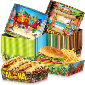 Uiifan 36 Pcs Hawaii Aloha Tropical Party Paper Trays 5lb Hawaiian Luau Nacho Boats Large Paper Food Severing Trays for Tropical Summer Theme Party Supplies (Tiki Style)