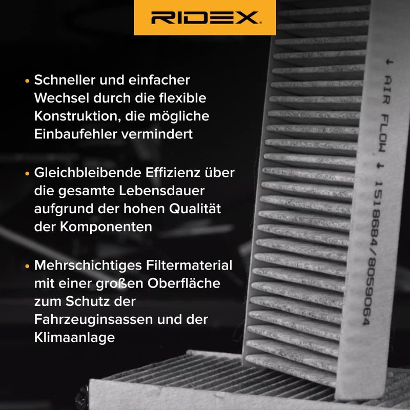 RIDEX Cabin Air Filter, Pollen Filter, Filter Insert, suspended material