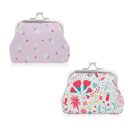 FuninCrea 2 Pcs Faux Leather Coin Purse for Women with Kiss Lock, Floral Pattern Change and Coin Wallet Double Clasp Closure Mini Wallet for Cash Key, Pink+white
