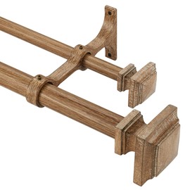 Lwiiom Double Wood Curtain Rods for Windows 72 to 144 Inches,1 Inch Decorative Wooden Curtain Rod with Square Imitation Wood Grain Finials and Double Aluminum Bouquet Bracket, Coffee Brown Wood Grain