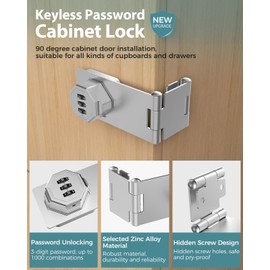 MeBantoo 90 Degree Cabinet Combination Door Lock Latch, Zinc Alloy Password Rotary Hasp Lock, Keyless Folding Latches for Office File Cabinet, Drawers, Cupboard, Small Doors, Locker (1, Silver)