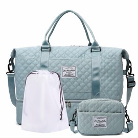 Travel Duffle Bag,Weekender Bags for Women with Shoe Compartment，Carry on Overnight Bag with Toiletry Bag,Gym Duffel Bag with Wet Pocket, Hospital Bags for Labor and Delivery, Light Blue-Large-3 Pcs,