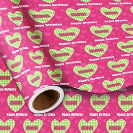 LeZakaa Birthday Wrapping Paper Roll for Mom, Happy Birthday Mom Lettering, Pink Hearts Gift Wrap for Mom's Birthday, Mother's Day，for Women, Female, Mini Roll, 17 inches x 16.4 Feet