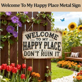 Welcome To My Happy Place Vintage Decor Sign, Garden Room Ideas Welcome Sign, Vintage Room Decor Outdoor Wall Art for Home Garden Bar Kitchen Bedroom Door Metal Signs