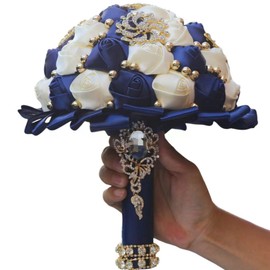 Gkvszy Bridal Wedding Bouquet with Gold Brooch Rhinestone Pearl Satin Rose Flower Bouquet for Bride Bridesmaid Quinceanera Wedding Navy Blue and Ivory 7.1in