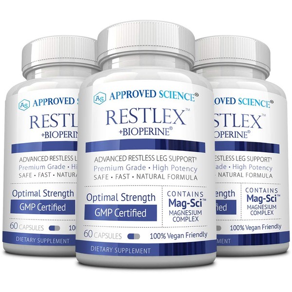 Approved Science® Restlex - Natural Restless Leg Relief - 420 mg Magnesium Glycinate Blend, L-theanine 200 mg - 60 Capsules Per Bottle - 3 Bottles