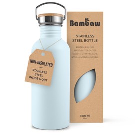 Bambaw 1 Litre Stainless Steel Water Bottle, Light Blue Water Bottle, BPA-Free Non-Insulated Sports Bottle, 1 Litre Stainless Steel Bottle – Polar Blue