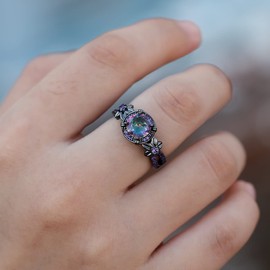 Tsnamer Gothic Black Rings for Women, Mystic Rainbow Topaz with Created Amethyst Flower Goth Black Gold Wedding Engagement Ring Size 6 to 11