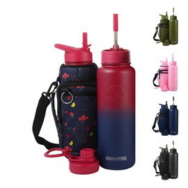 FAHRMOSIS 40 Oz Water Bottle with Straw & Holder Strap | Insulated Water Bottle Water Jug Includes 3 Lids Water Bottles | Stainless Steel Water Bottle for Men & Women - Red Fusion