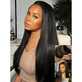Nadula Bye Bye Knots Yaki Straight Glueless Drawstring Wig Human Hair with Flexible Mesh Cap Fits All Head, Pre Cut 7x5 Bye-Bye Slip HD Lace Front Pre Everything Light Kinky Straight Wigs 16inch