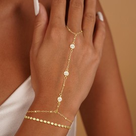 JOBICY Layered Hand Chain Bracelet Stack, Gold Bracelets for Women Trendy 14k Filled Finger Ring Bracelet Hand Chain Cz Dot Link Gold Bracelets for Women Non Tarnish Jewelry Gifts for Her