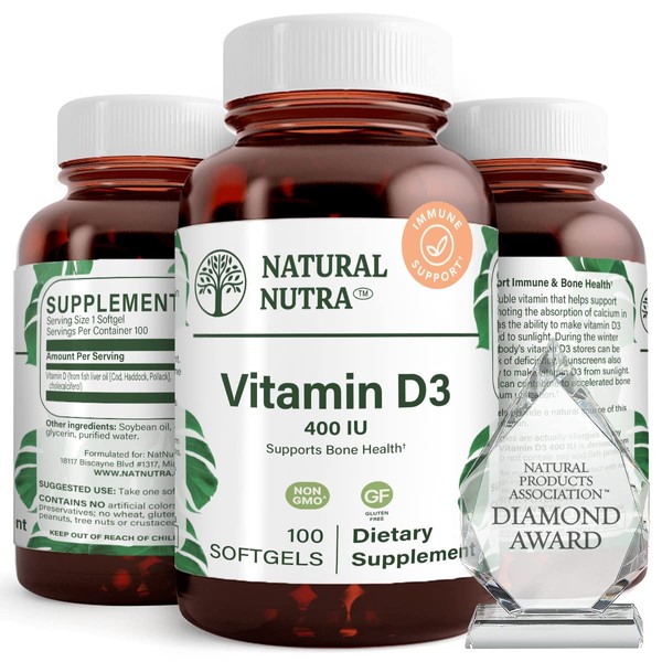 Natural Nutra Supreme Vitamin D3 400 IU Softgels, Immune Support, Sunshine Vitamin, Bone and Teeth Strength, Gluten-Free, 100 Softgels