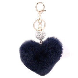 Unpafcxddyig Pom Poms Keychains Cute Fluffy Heart Pearl Rhinestone Keyring Artificial fur Puff ball for Car Bag Charms,Navy blue