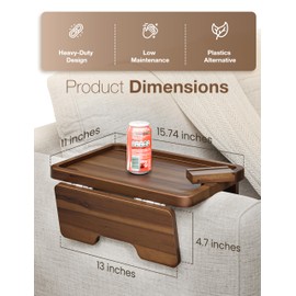 HOLANA 15.75" Acacia Couch Armrest Table - Wood Couch Arm Tray with Phone Holder – Sofa Side Table, Armchair Caddy, Sofa Arm Table for Home Sofa Living Room (Walnut)