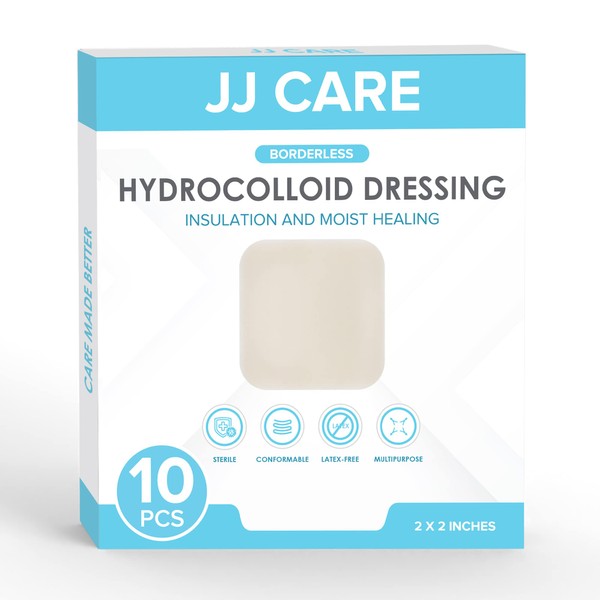 JJ CARE Hydrocolloid Dressing 2x2 [Pack 10], Hydrocolloid Bandages w/o Border, Self-Adhesive Thin Hydrocolloid Wound Dressing, Wound Care Bandages for Bedsores, Blisters, and Acne