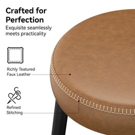 CarterChairr Bar Stools Set of 2, Leather Counter Height Bar Stools, Mid Century Modern Counter Stools with Metal Base and Stitching, 26.3-Inch Barstools for Home Bar, Kitchen Island, Rustic Brown