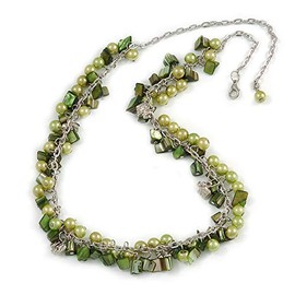 Avalaya Green Glass Bead, Shell Nugget, Elephant Charm with Silver Tone Chain Necklace - 60cm L/ 10cm Ext