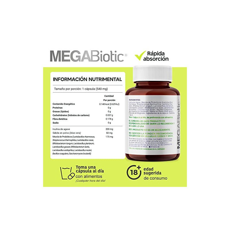MegaBiotic Probióticos 120 Billones y 11 Cepas90 cápsulas 540mg pporción