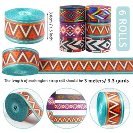 Grosun 6 Rolls 1.5 inch Bohemian Nylon Webbing Belt Webbing Straps Purse Straps Backpack Straps Nylon Belt in Thermal Transfer Patterns with Different Patterns for Seatbelt, Bags, Backpacks, Luggage