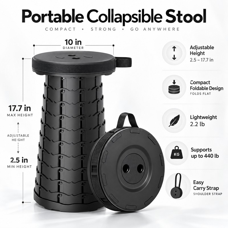 Collapsible Camping Stool for Hiking & Commuting – Adjustable Height
