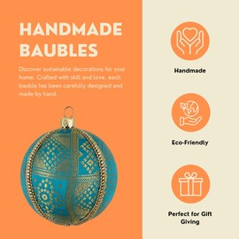 Hem Handmade Upcycled Bauble | 8cm Light Blue with Gold Bandhani Design | Unique Christmas Ornament | Eco-Friendly Décor | Sustainable Elegant Tree Decoration | Luxury Bauble for Décor