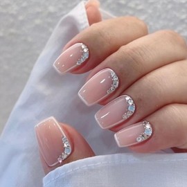 24Pcs Nude Press on Nails Short Coffin Shaped White Border Fake Nails with Sparkly Rhinestones Gems Designs Shiny Glossy Nude Pink Acrylic Nails Full Cover Natural Glue on Nails Kit for Women