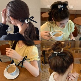 nalaina Hair Rubber Bowknot Pearl Hair Ornaments (Set of 3), Hair Accessories, Cute, Kids, Girls, Simple, Stylish, Cute, Lolita, Popular, Women's, Adults, Casual, Weddings, Parties, Scrunchies, Hair