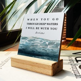 Country When You Go Through Deep Waters I Will Be with You Bible Verse Wooden Plaque Sign Desk Decor Rustic Watercolour Isaiah 43:2 Christian Desk Sign Decor for Home Nursery 4 x 4 Inches