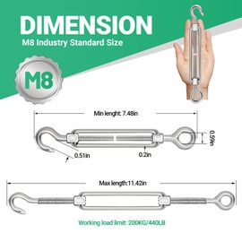 Spiglamm 10PCS M8 Hook & Eye Turnbuckle 304 Stainless Steel,Heavy Duty Turnbuckles for Wire Rope Tension,Sun Shade Tent Hardware，Tent Installation