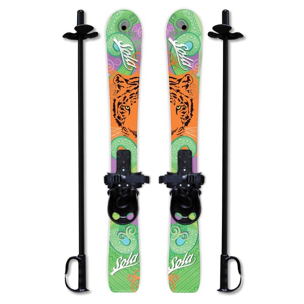 Sola Winter Sports Kid's Beginner Snow Skis and Poles with Bindings Age 3-4 (Tiger)